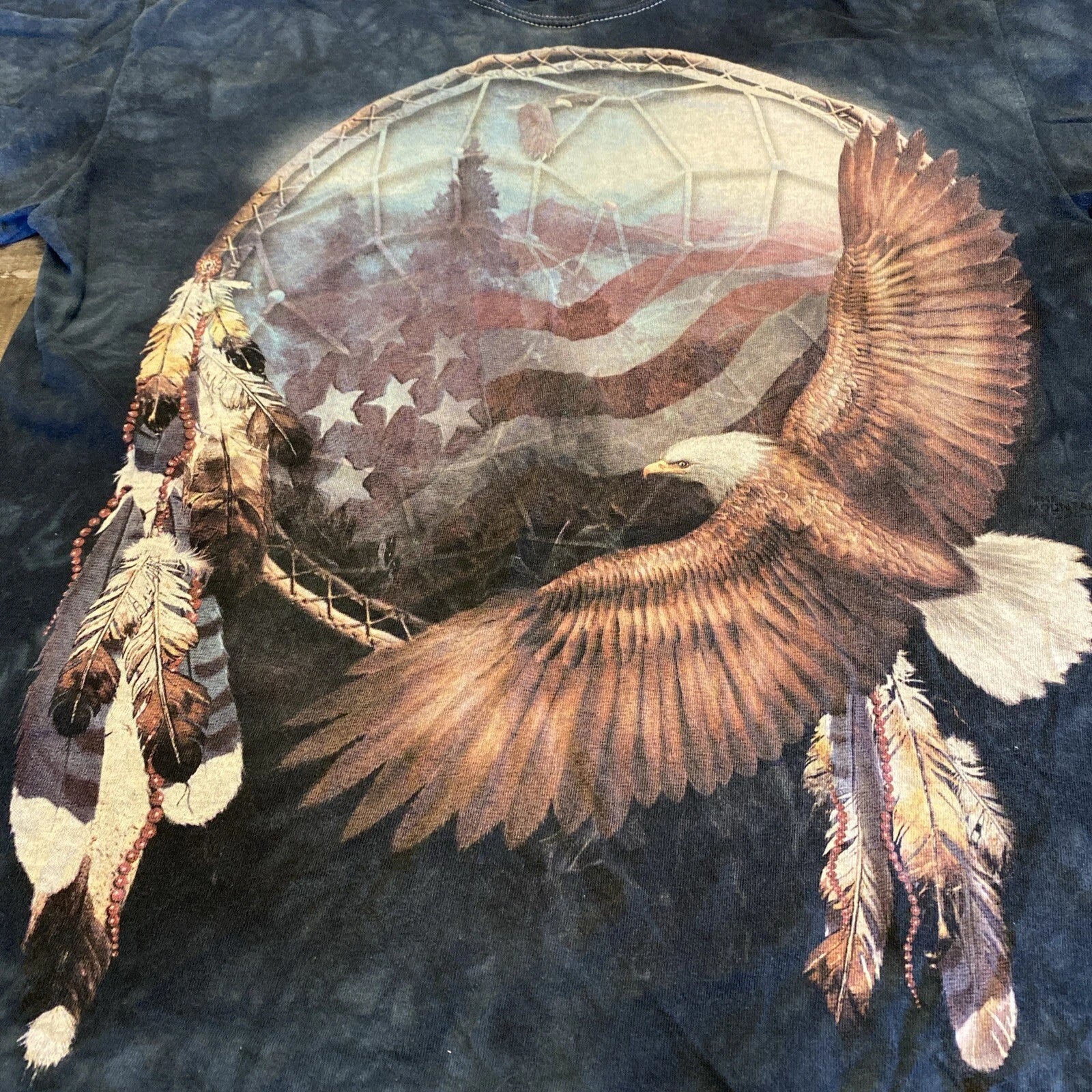 2000s Y2K Gildan Dream Catcher Eagle USA Flag Tie Dye Mountain Style T-Shirt L