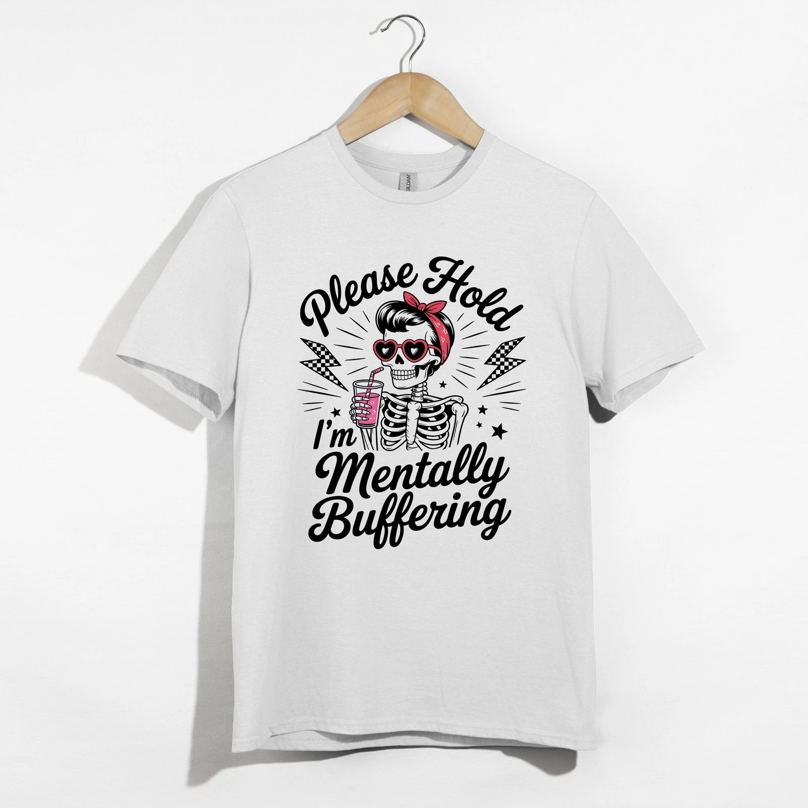 Please Hold Mentally Buffering Skeleton Shirt, Funny Sarcastic Heart Glasses Tee