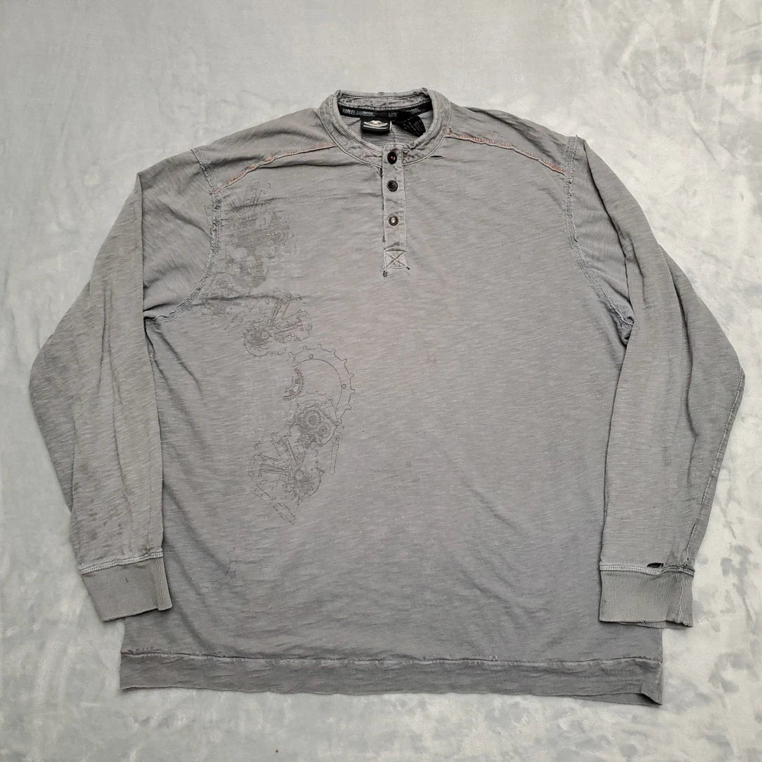 Harley Davidson Shirt Mens XXL Gray Fully Embroidered Long Sleeve Y2K Casual TEE