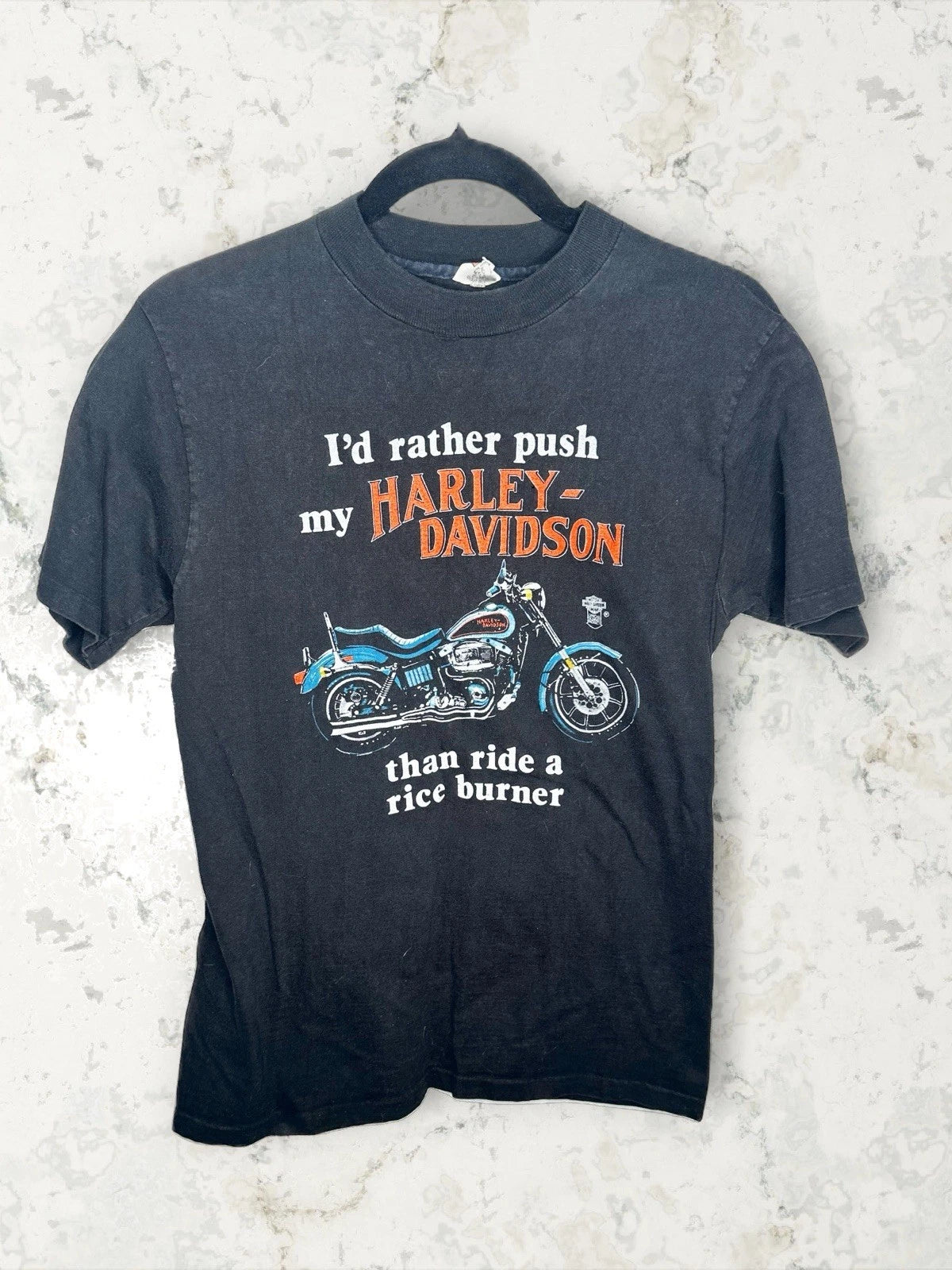 Vintage 80s I’d Rather Push My Harley Davidson Motorcycles Rice Burner T-Shirt M