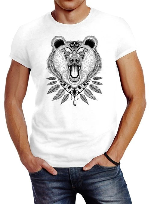 Men's Bear Boho Bear Zentangle Bohemian Atzec Feathers Slim Fit Neverless® T-Shirt