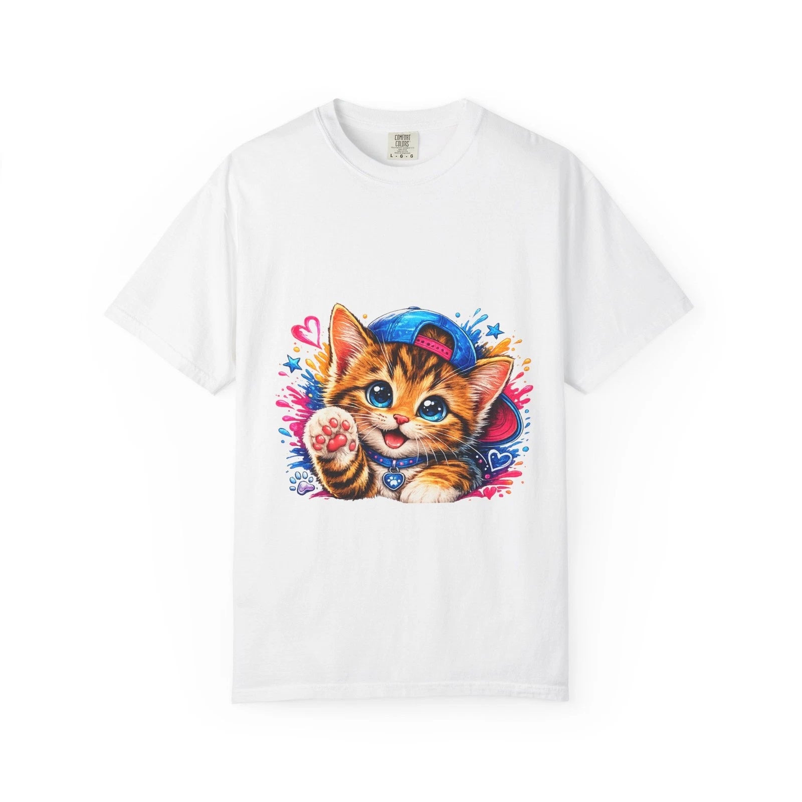 Cute Kitten with Cap T-Shirt | Colorful Paw Print Cat Design