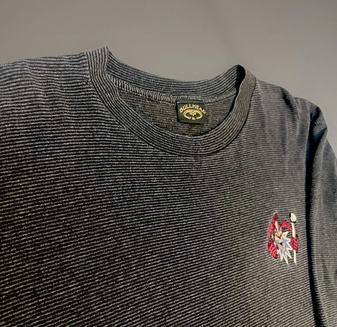 Vintage Gray & Black Stripe Bullhead Men’s XL Shirt 8 Ball Skull Patch 90s Y2K