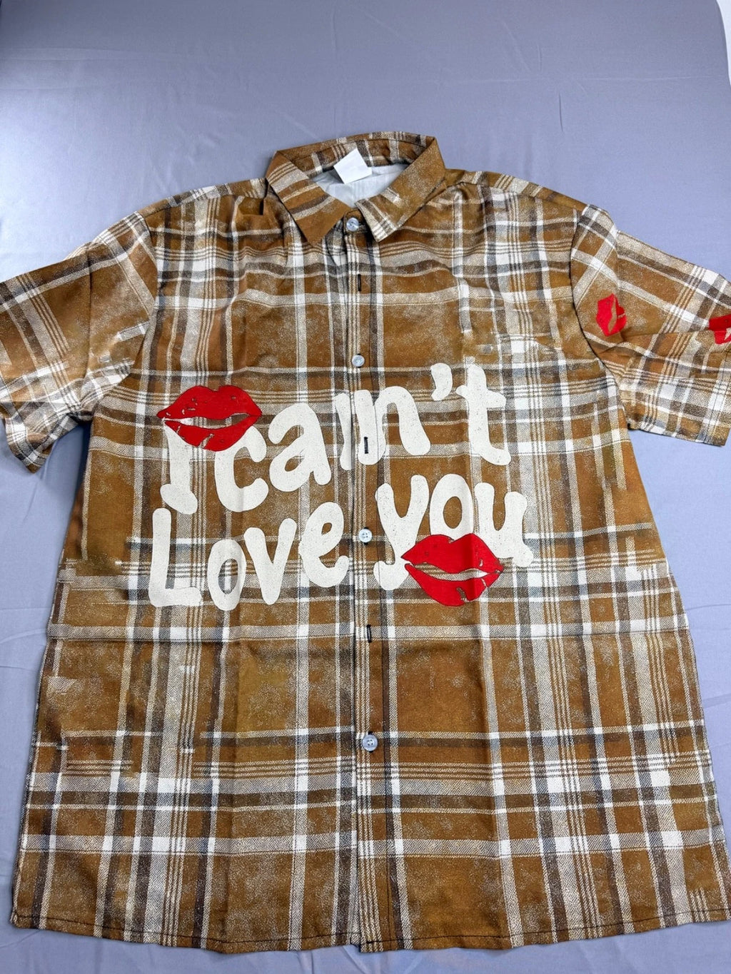 I Can't Love You Brown Plaid Graphic Shirt - Red Lips Y2K Streetwear - Large New
