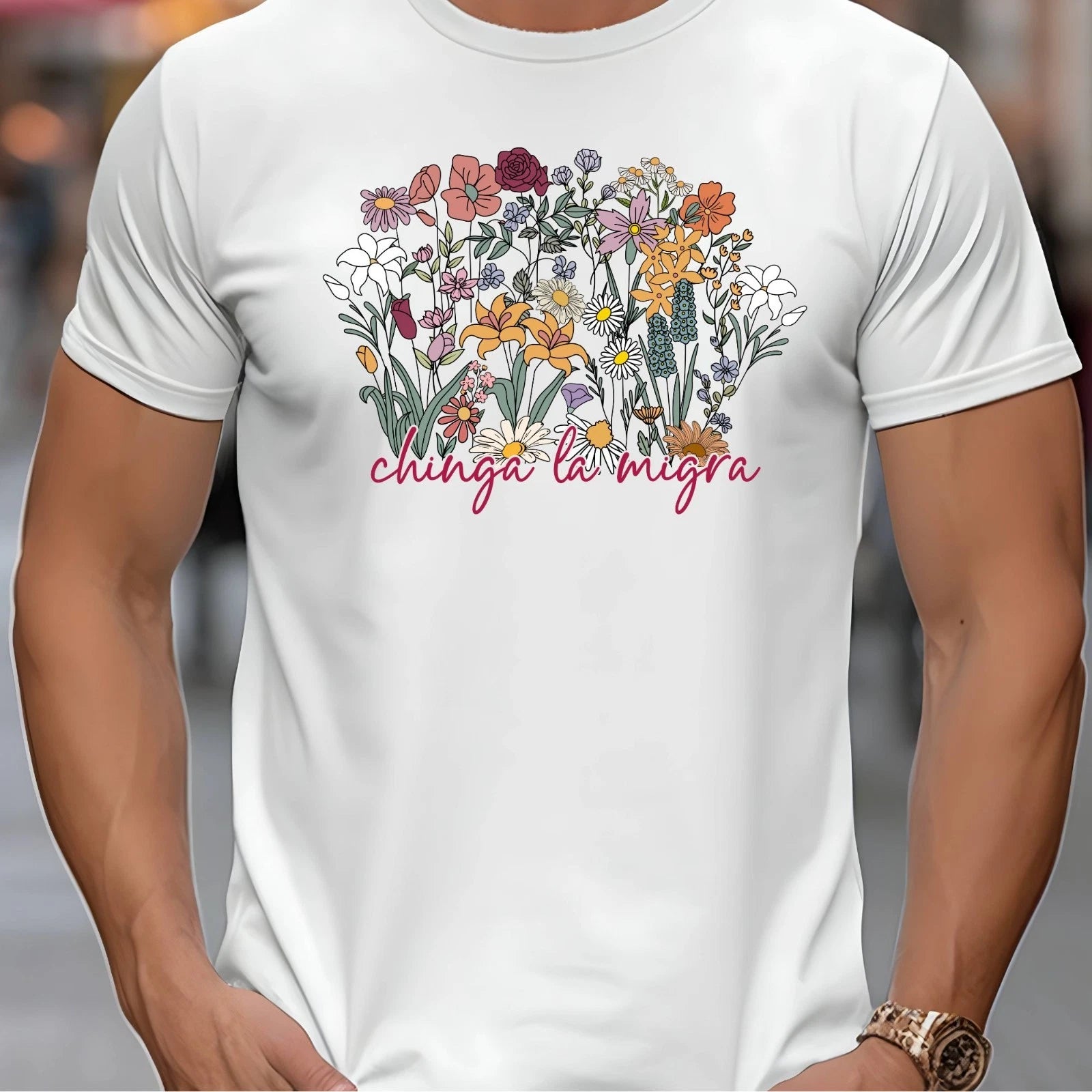 Chinga La Migra Subtle Flowers Anti ICE Adult T-Shirt