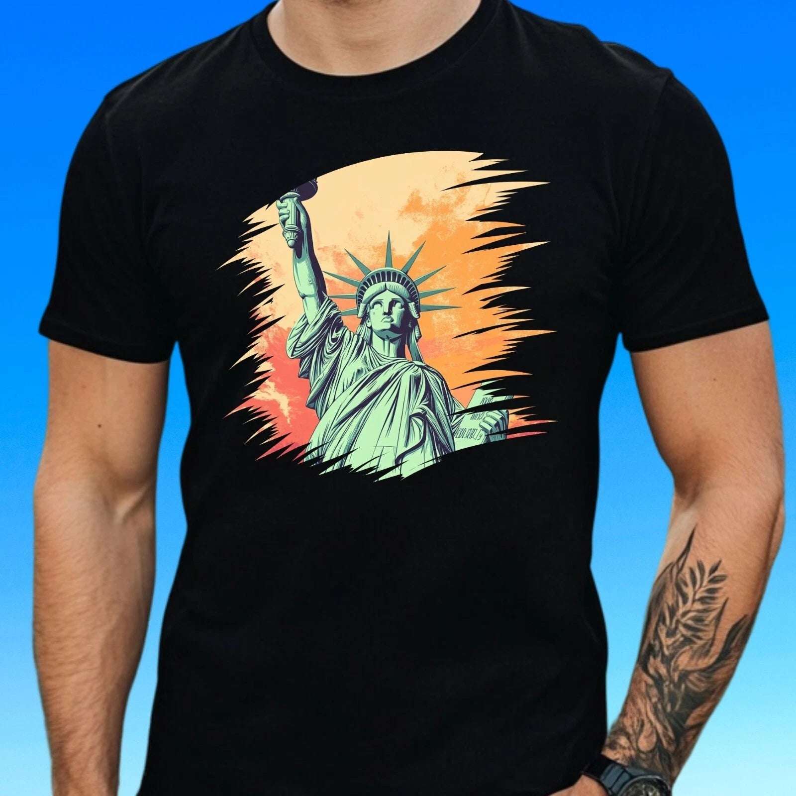 Mens Statue of Liberty Motif Cotton T-Shirt Size XS to 5XL