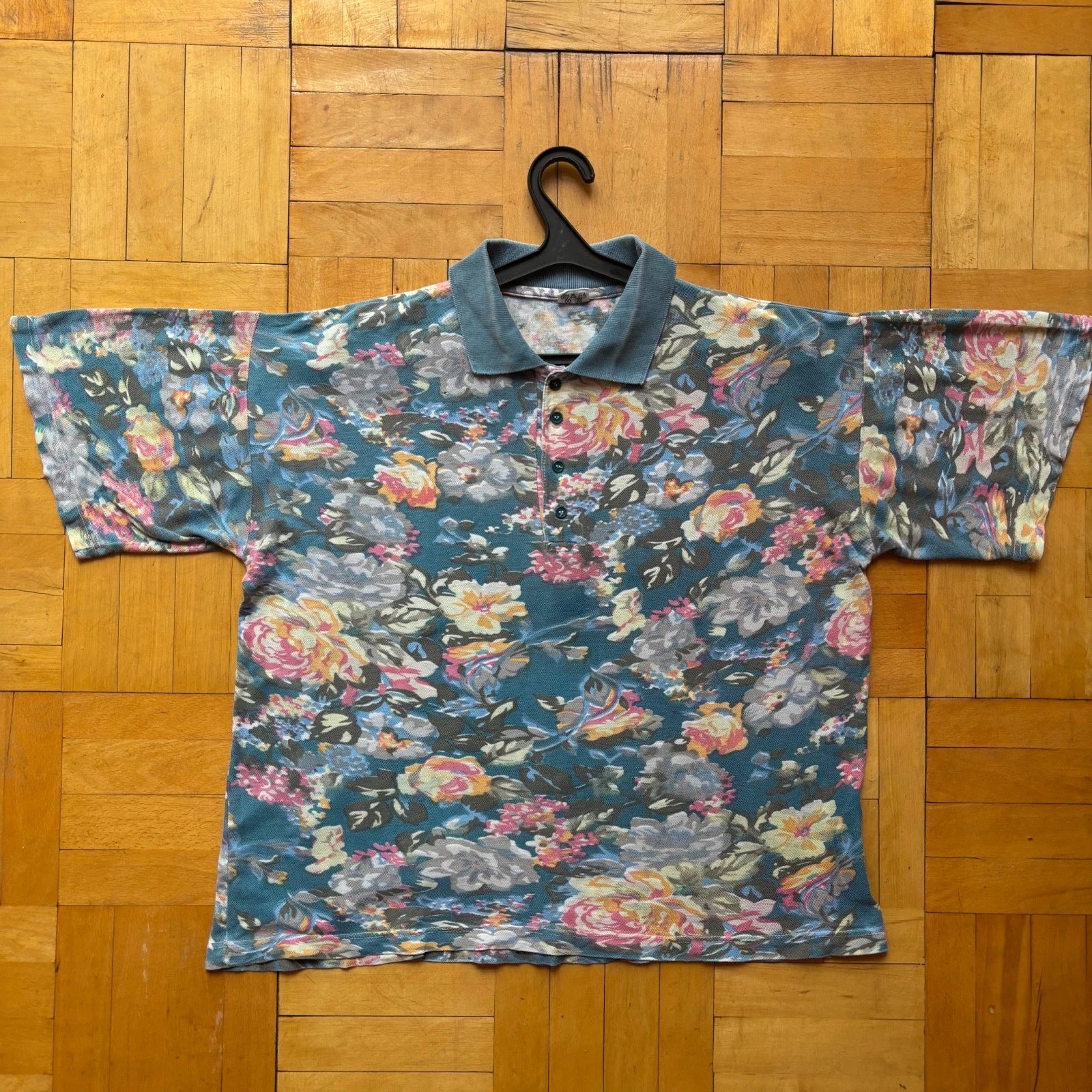 Vintage 80s Floral Polo Shirt Boxy Fit All Over Print Cotton M