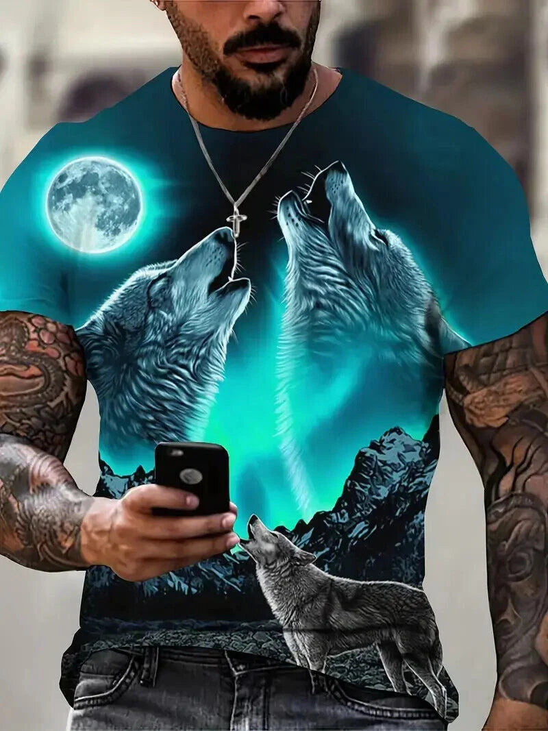 T-Shirts Teal Blue Moon Wolf Graphic Fashion Novelty Men Tee Short Sleeve Casual