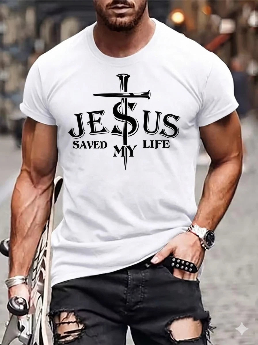 Men's Jesus Saved My Life T-Shirt Christian Cross Graphic 100% Cotton Tee Top