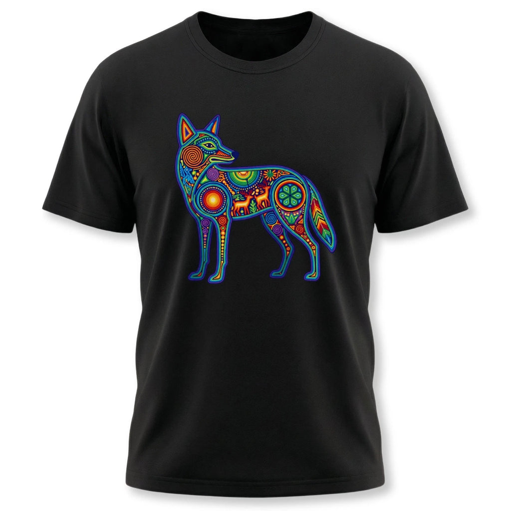 Huichol Coyote T-Shirt | Vibrant Mexican Folk Art Animal Graphic Tee Shirt