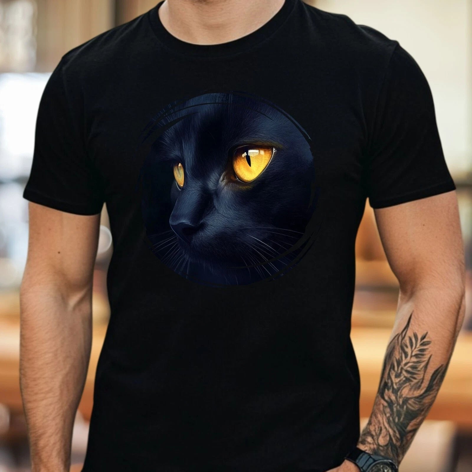 Mens Black Cat With Yellow Eyes Motif Cotton T-Shirt Size XS to 5XL