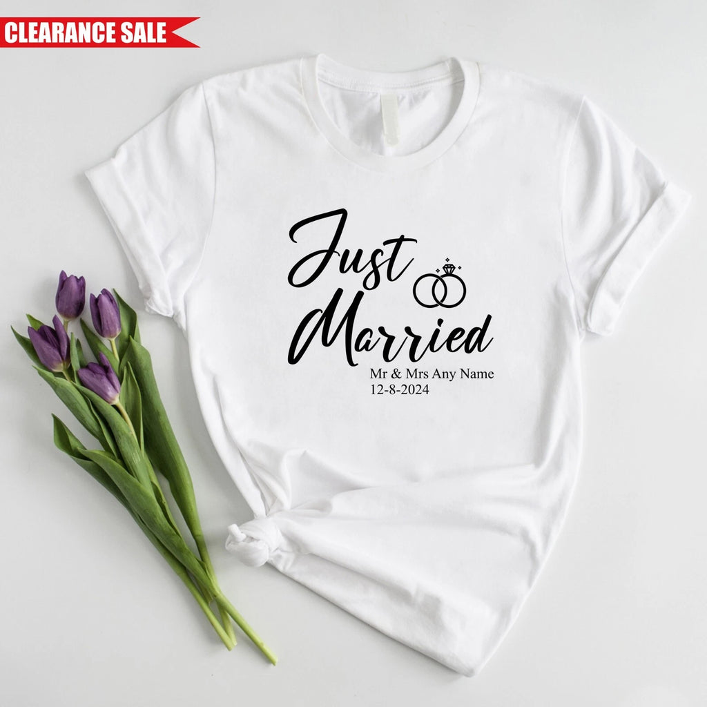 Mr & Mrs Just Married T Shirt Personalised Gift Wife Husband Matching Tee Tops