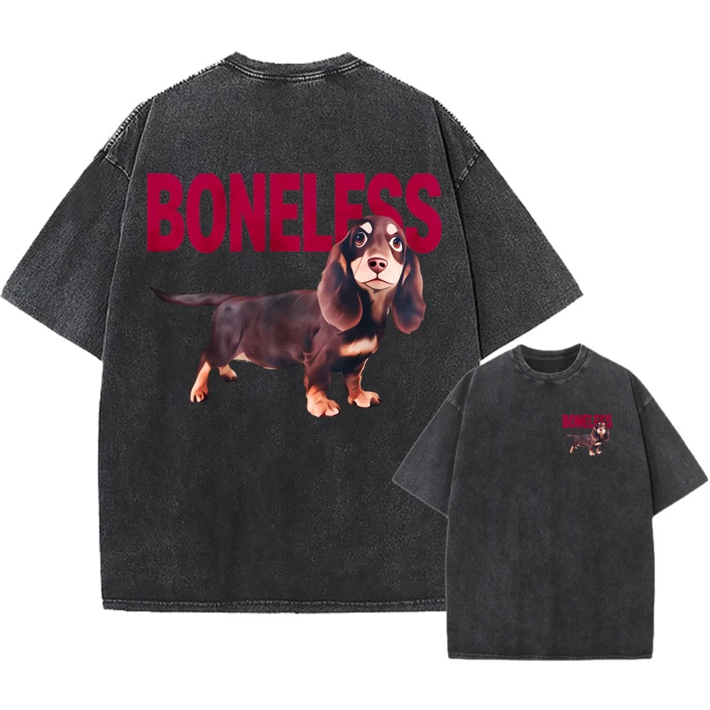 Retro Washed Oversized T-Shirt  Funny Dachshund BONELESS Print Unisex Casual Tee