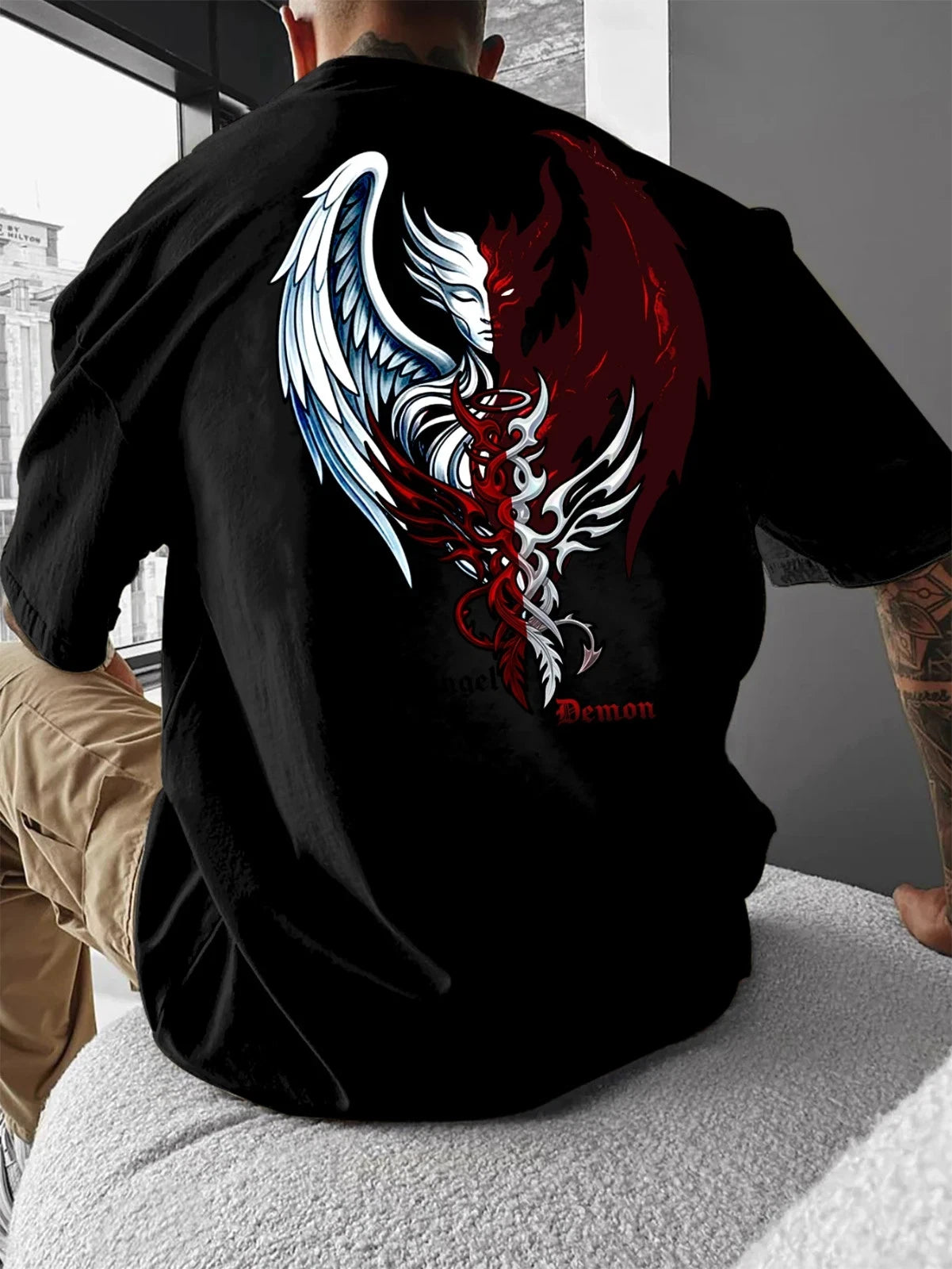 Men's Streetwear T-Shirt Angel Demon Half Face Graphic Print Crew Neck