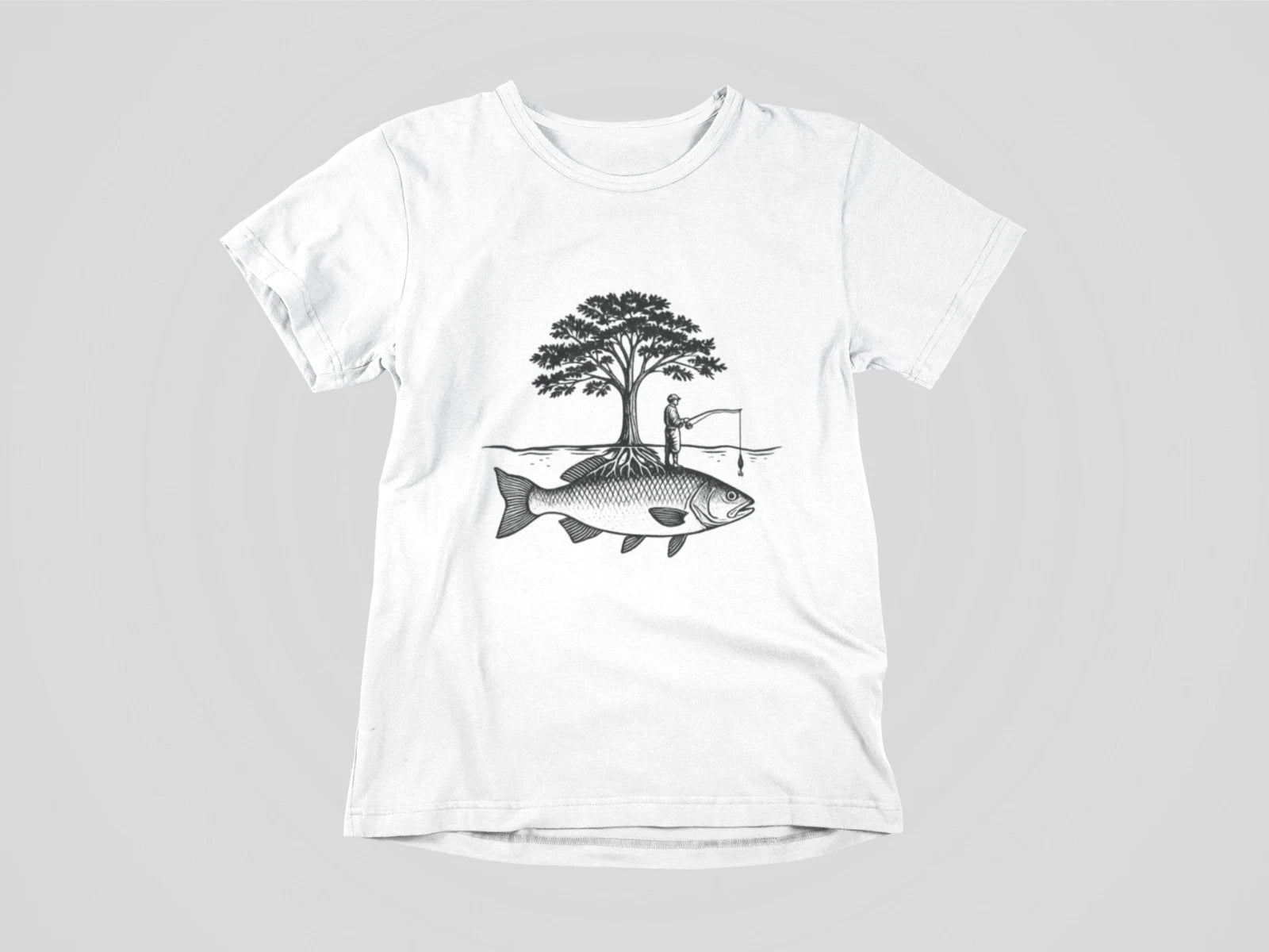 Surreal Fishing Tree Shirt Fisherman on Giant Fish Tee Nature Art Graphic Outdoo