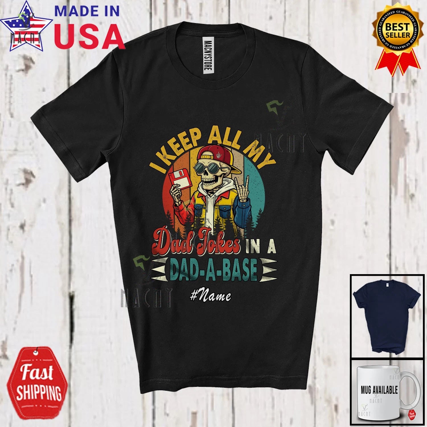 Custom Name Dad Jokes Dad-A-Base; Father's Day Skeleton IT Manager Retro T-Shirt