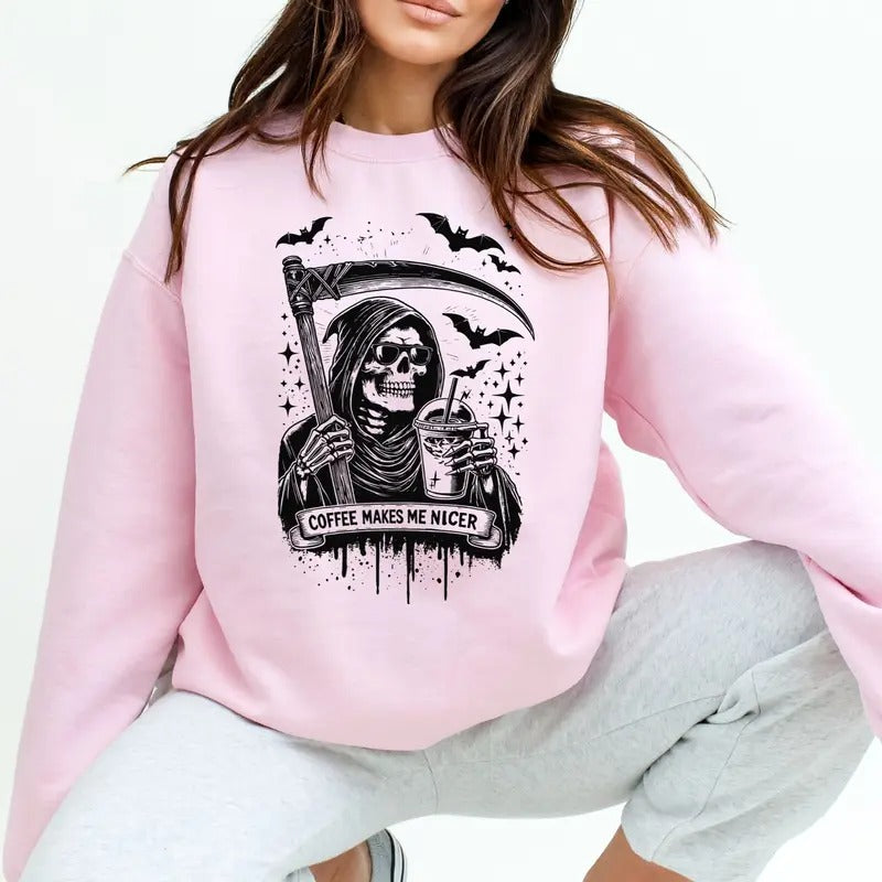 sCoffee Makes Me Nicer Grimrepaer Halloween Sweatshirt, Coffee Lover Sweatshirt, Casual Long Sleeve Halloween Pullover,...