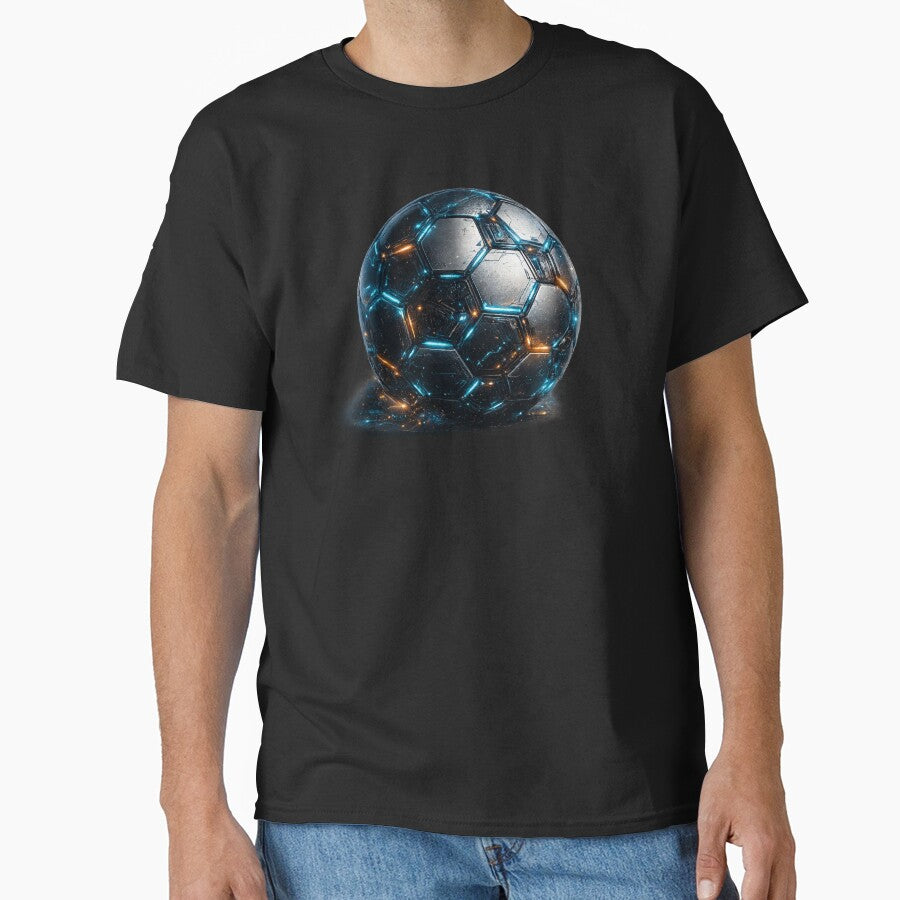 Neon Tech Futuristic Soccer Ball Blue Orange Glow – Sci Fi Football Art | Soccer Fan Gift by irfanshikh