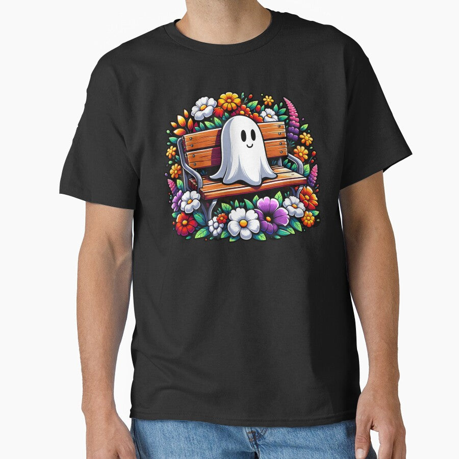 Cute Ghost Sitting on Park Bench, Flower Garden Summer Vibes by madtoyman