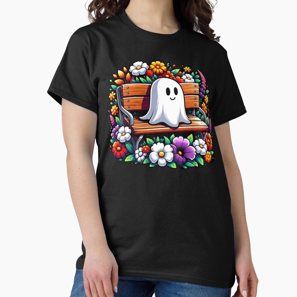 Cute Ghost Sitting on Park Bench, Flower Garden Summer Vibes by madtoyman