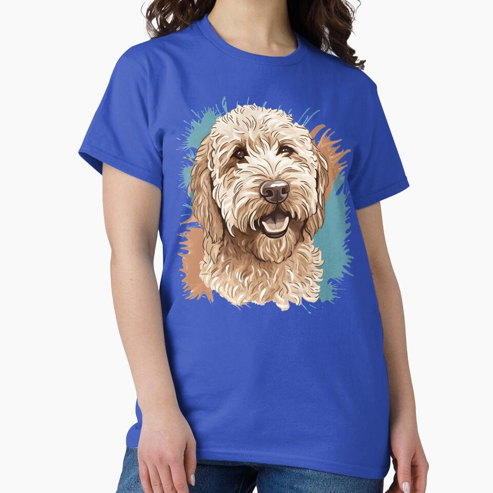 Cream Colored Labradoodle with Blue and Tan Paint Splatters by PoodleDoodles4U