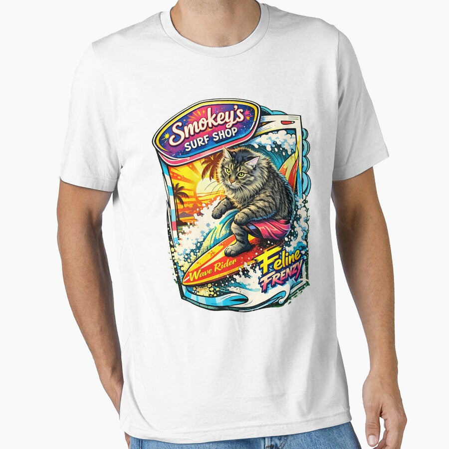 Smokey’s Surf Shop Cat Surfer Wave Rider Retro Poster Vibrant Coastal Vibes by Thread-Riot