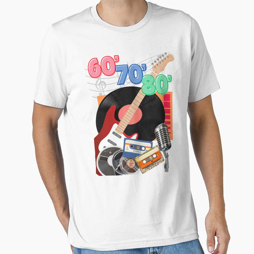 60's 70's 80's music | Guitar, vinyl record, magnetophone tape, compact cassette and microphone | Classic T-Shirt by PERIferyART