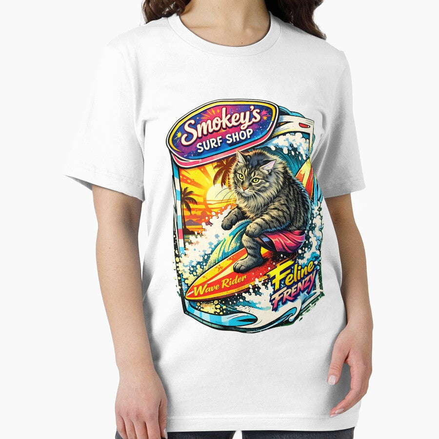 Smokey’s Surf Shop Cat Surfer Wave Rider Retro Poster Vibrant Coastal Vibes by Thread-Riot