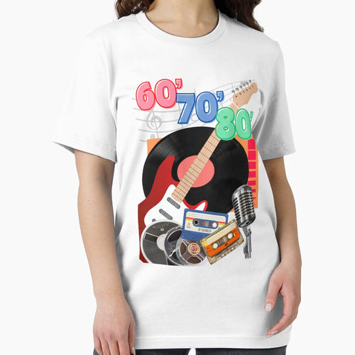 60's 70's 80's music | Guitar, vinyl record, magnetophone tape, compact cassette and microphone | Classic T-Shirt by PERIferyART