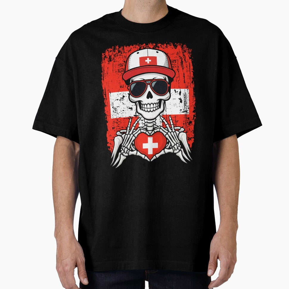 Swiss Pride Skeleton Art - Switzerland Football & Swiss Cross Spirit Tee by Colorful Designs