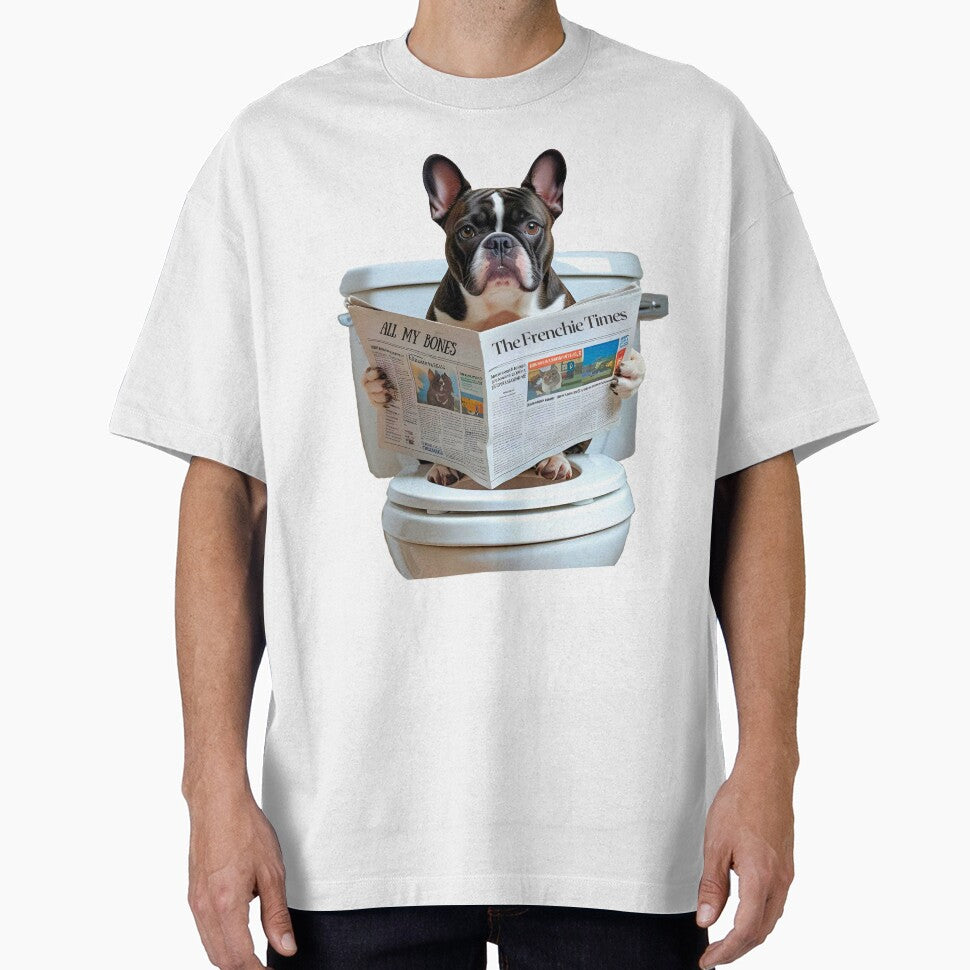 Funny French Bulldog on Toilet Reading Newspaper – Dog Humor Design by Fredster1966
