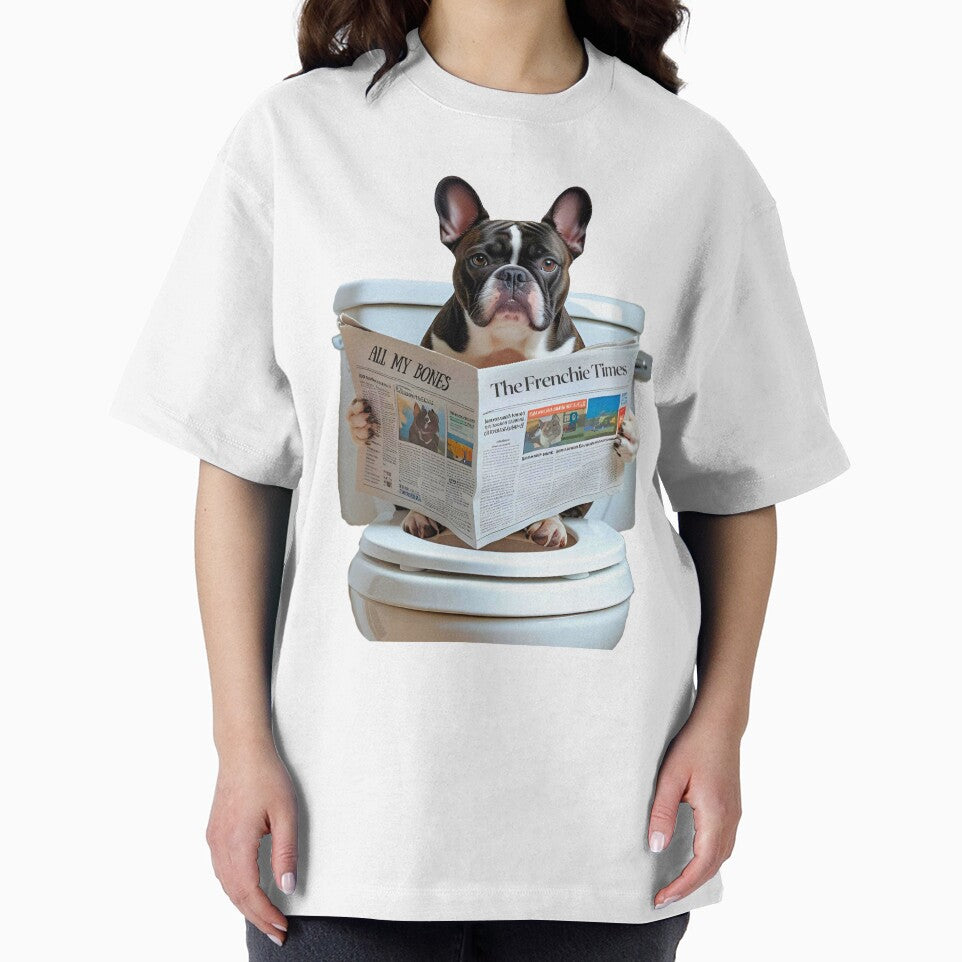 Funny French Bulldog on Toilet Reading Newspaper – Dog Humor Design by Fredster1966