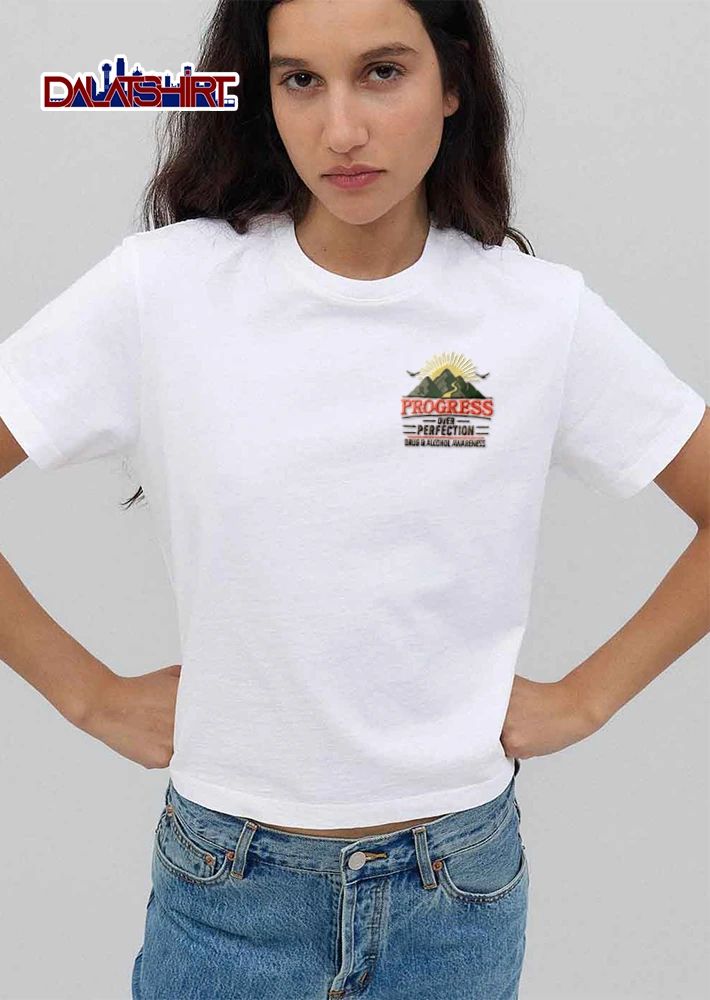 Progress Over Perfection Drug And Alcohol Awareness mountains sun birds ribbon illustration shirt