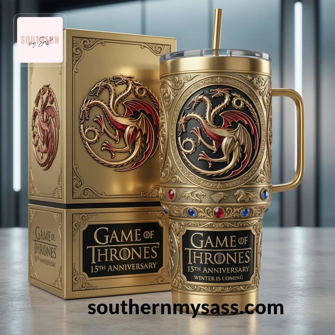 Game of Thrones 15th Anniversary Winter Is Coming Luxury Gold Targaryen 40oz Tumbler