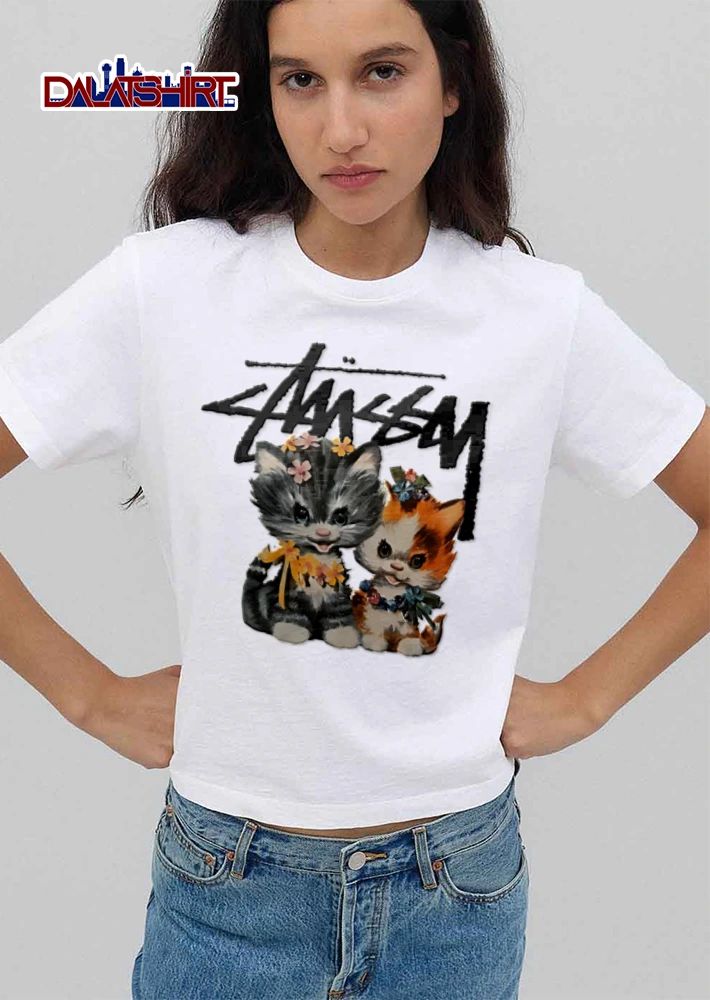 Stussy two kittens wearing flower garlands shirt