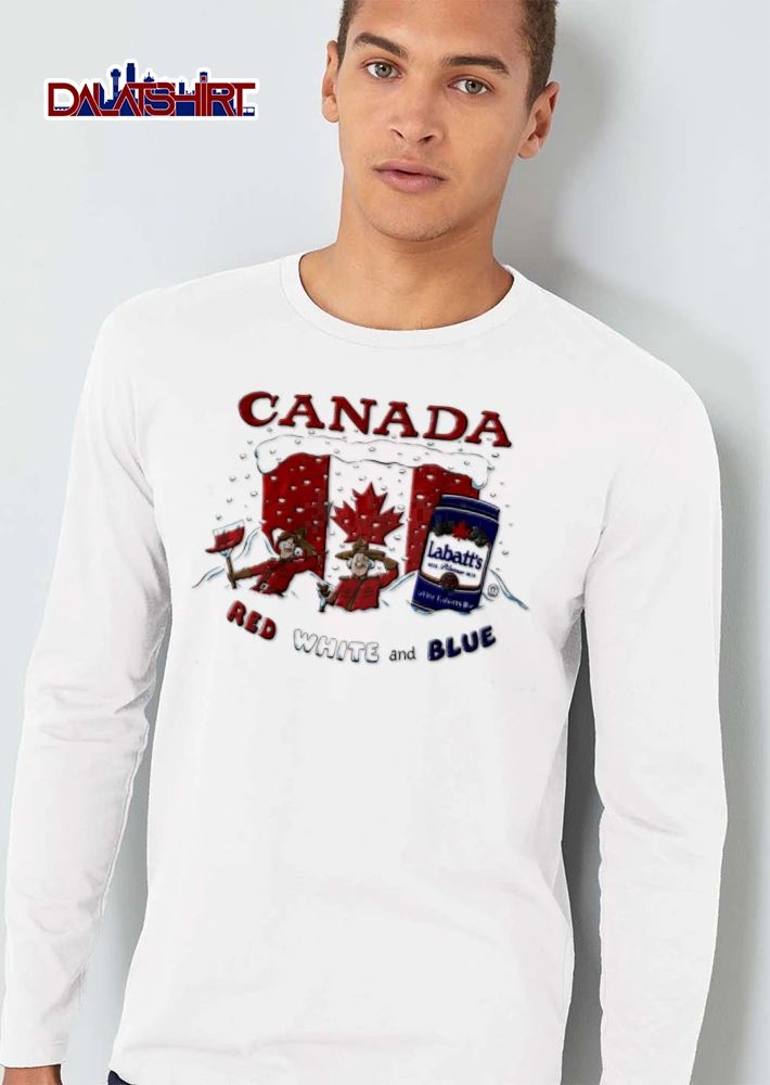 Labatts Call For Blue RED White And two mounties shoveling snow canada flag shirt