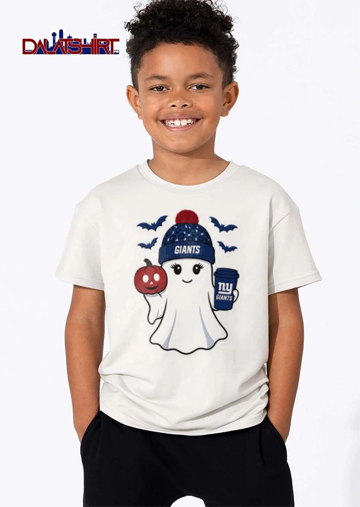 New York Giants ghost wearing beanie holding pumpkin coffee shirt