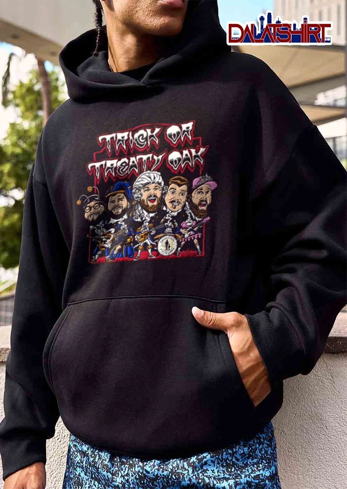 Trick Or Treaty Oak five men costumed playing instruments cartoon shirt