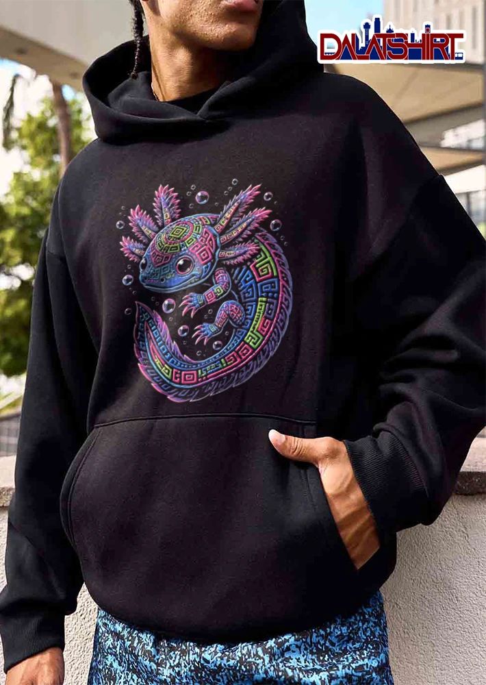 Neon axolotl geometric pattern bubbles shirt