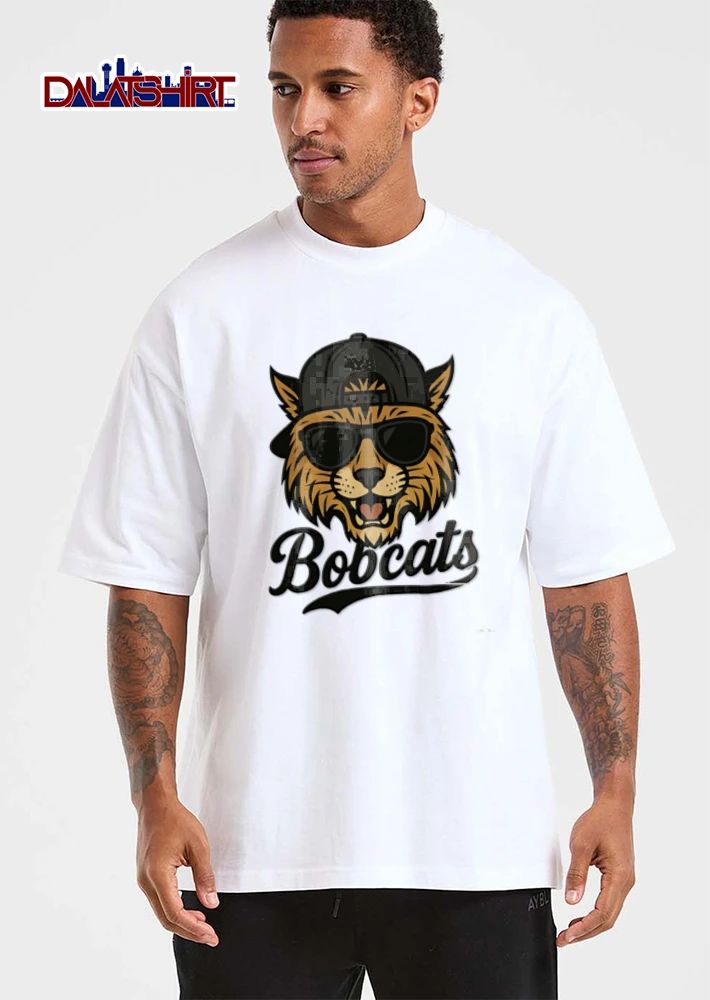 Bobcat wearing sunglasses baseball cap shirt
