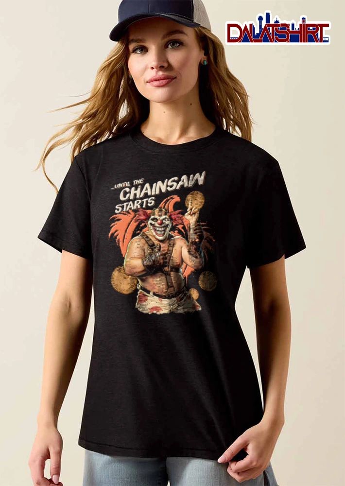 Until The Chainsaw Starts evil clown holding severed hand shirt