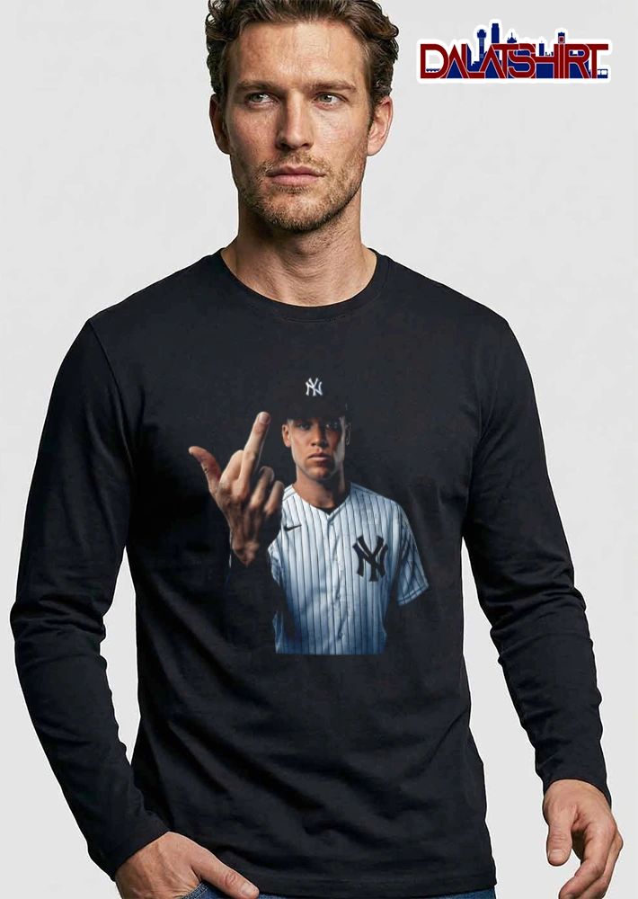 New York Yankees Aaron Judge man wearing pinstripe jersey middle finger shirt