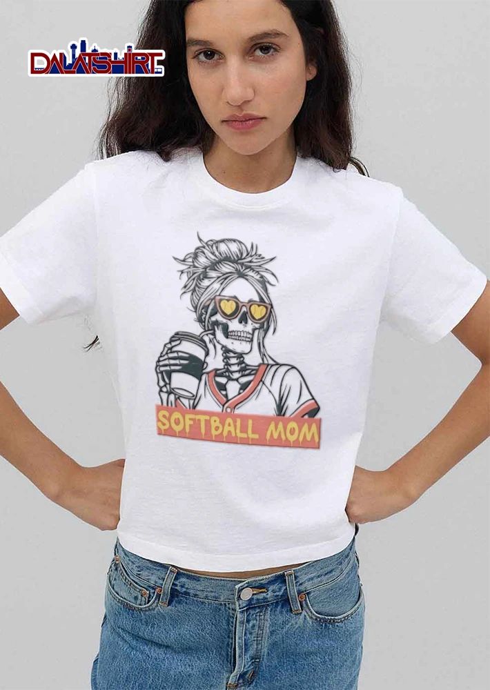 Softball MOM skeleton messy bun heart sunglasses coffee shirt