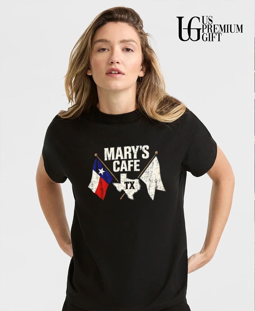 Marys Cafe Texas tate map crossed flags shirt