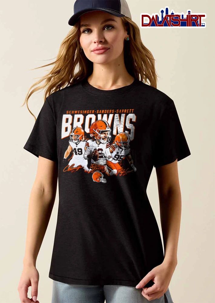 Cleveland Browns Carson Schwesinger Sanders Myles Garrett three football players caricature style 49 12 95 shirt
