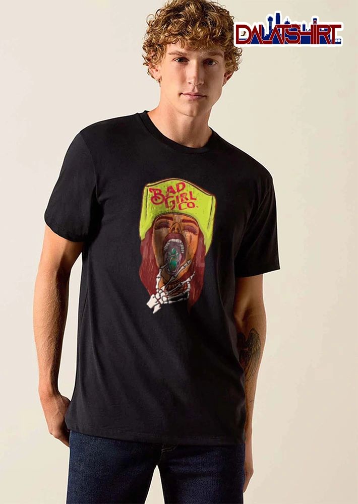 Bad Girl Co woman wearing beanie skeleton hand turquoise gemstone shirt