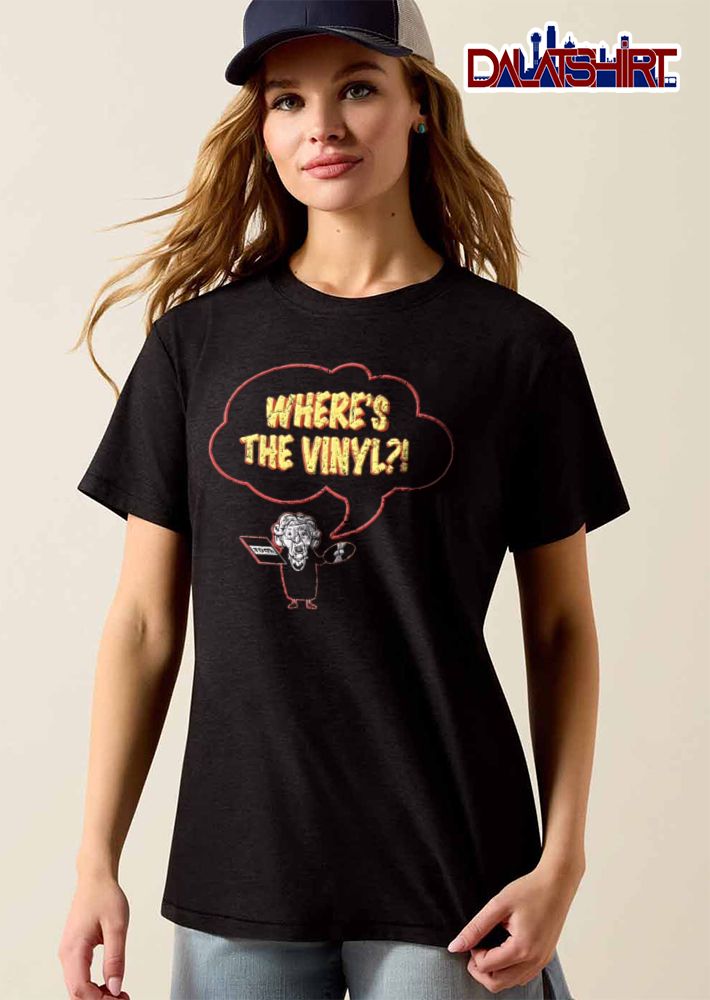 Tool Wheres The Vinyl Distressed Cartoon Lady Holding Record Speech Bubble shirt