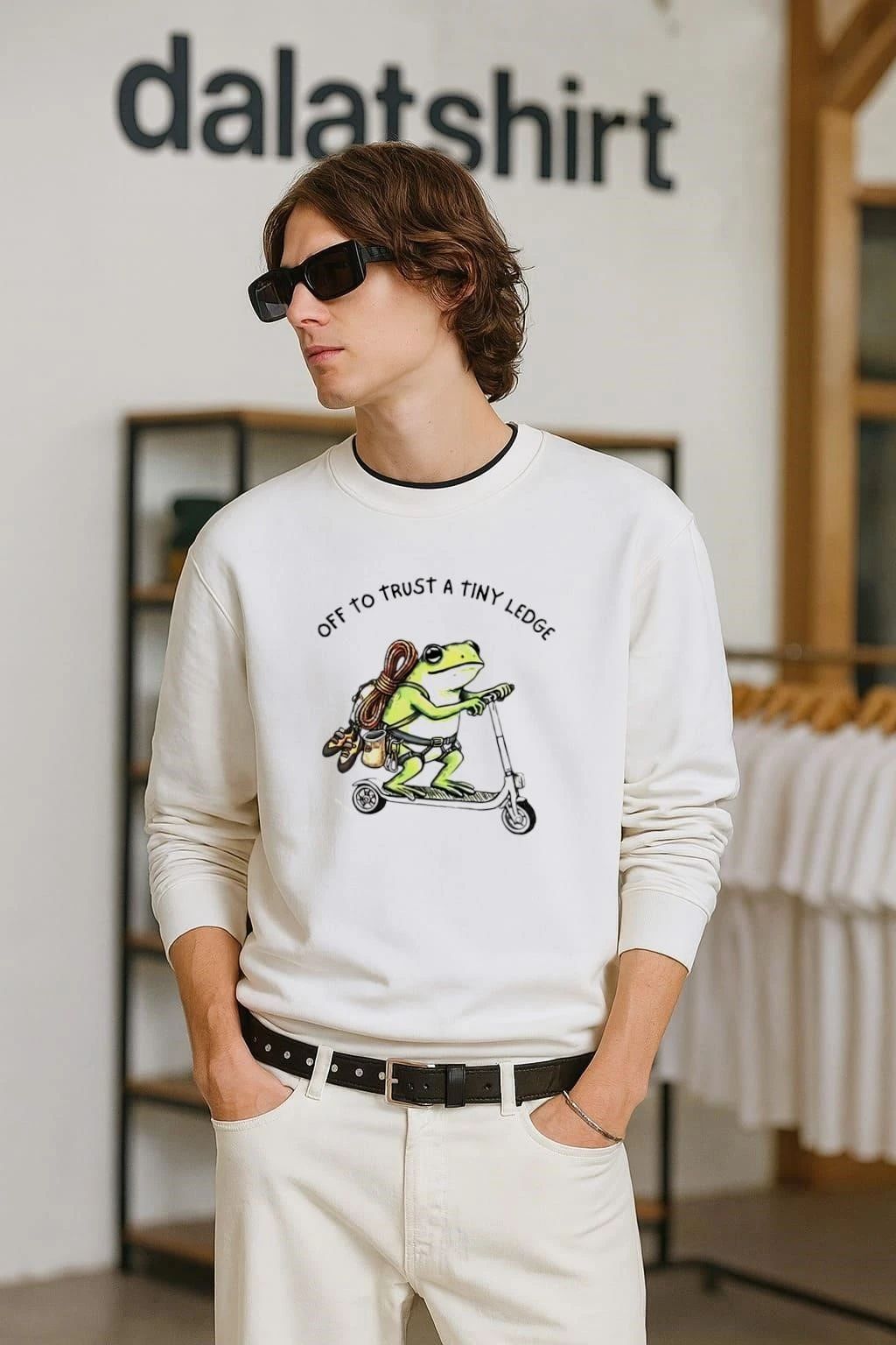 Off to Trust a Tiny Ledge Rock Climbing Frog on Scooter shirt