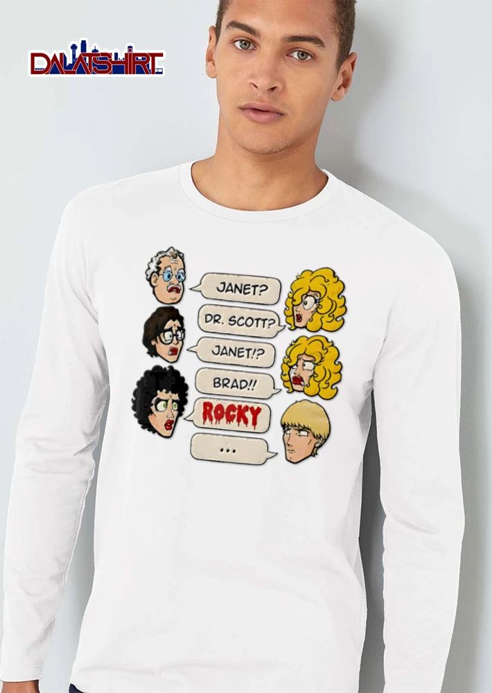 Janet Dr Scott Brad Rocky Horror Picture Show cartoon heads speech bubbles dialogue shirt