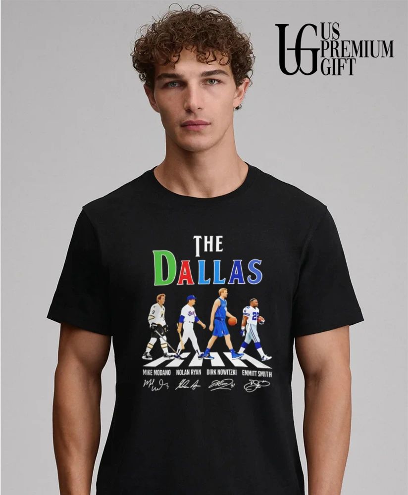 The Dallas Sports Legends Mike Modano Nolan Ryan Dirk Nowitzki Emmitt Smith abbey road signature shirt